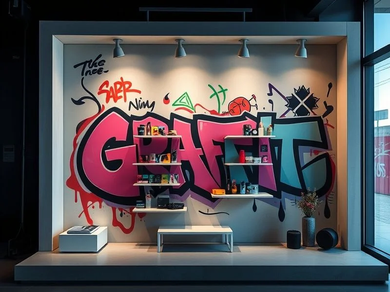 A stylized flat lay or overhead shot of graffiti artist's tools. Includes various spray cans (some with drips of vibrant paint), marker pens, stencils, sketches on crumpled paper, and a pair of worn work gloves. The background is a rough, dark wooden surface. High-key lighting, slightly desaturated, with a focus on the tactile nature of the tools.