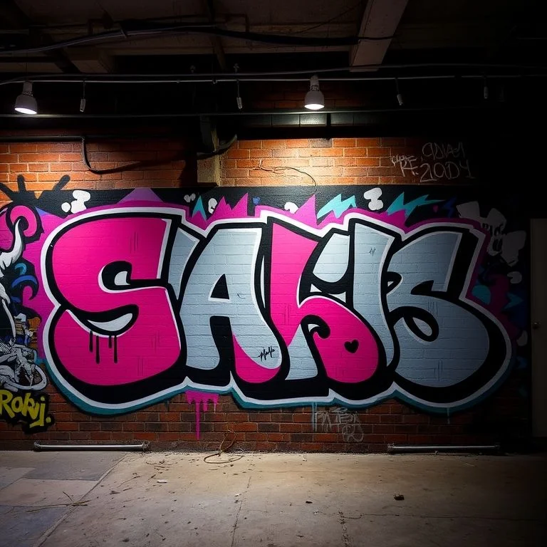 A bold, explosive wildstyle piece with exaggerated letters and vivid color blending (purples, oranges, greens).